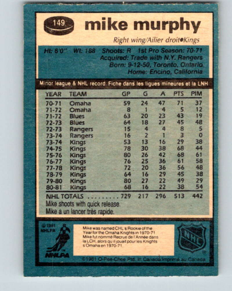 1981-82 O-Pee-Chee #149 Mike Murphy Los Angeles Kings V30503