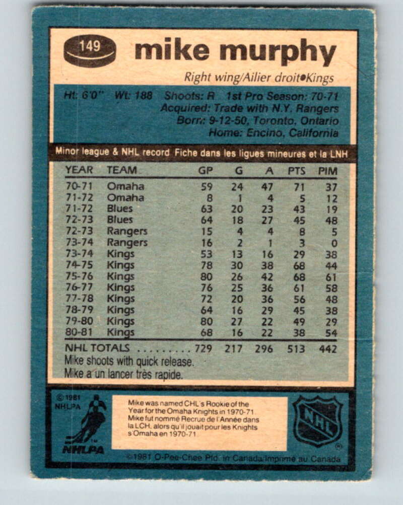 1981-82 O-Pee-Chee #149 Mike Murphy Los Angeles Kings V30504