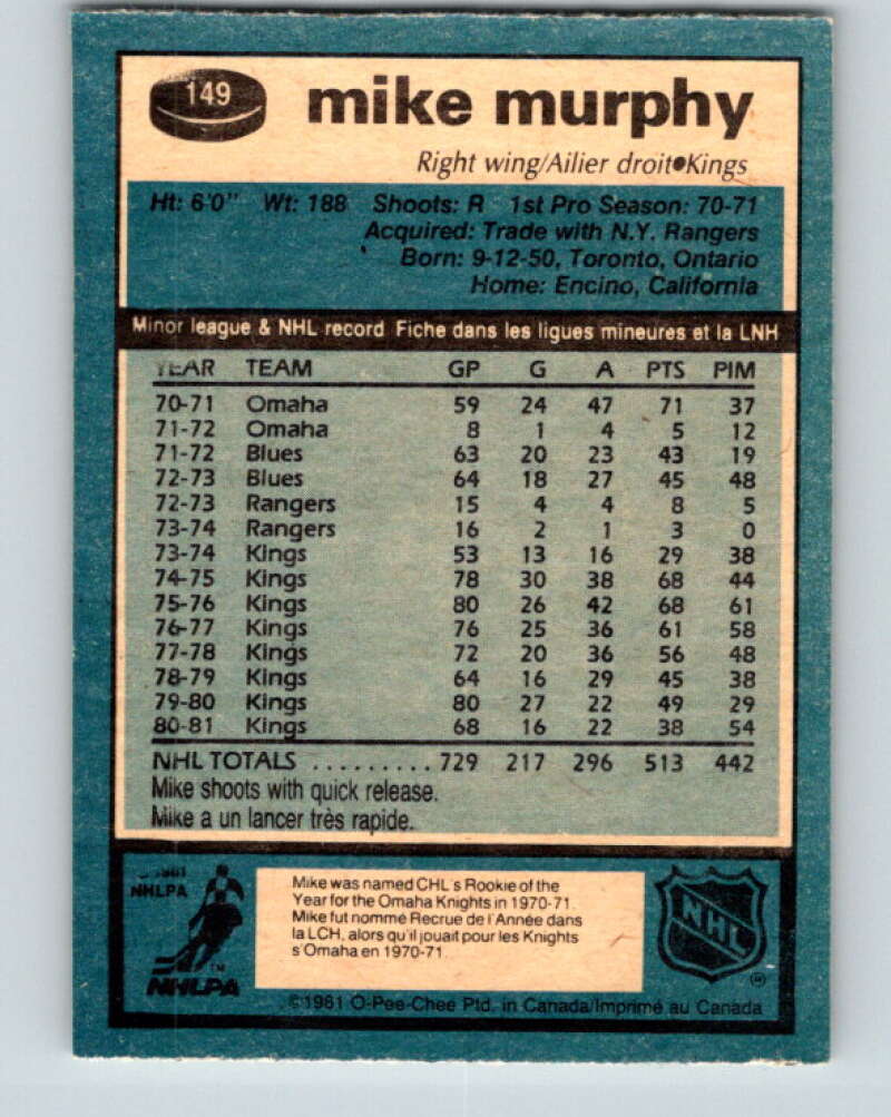 1981-82 O-Pee-Chee #149 Mike Murphy Los Angeles Kings V30505