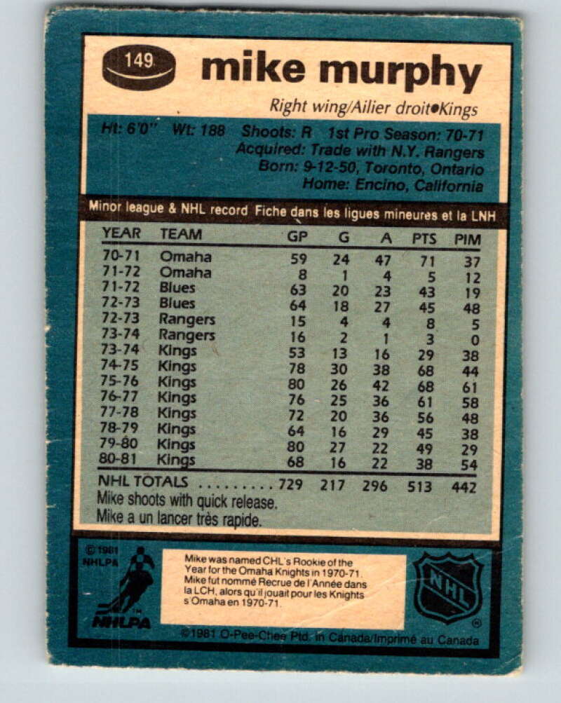 1981-82 O-Pee-Chee #149 Mike Murphy Los Angeles Kings V30508