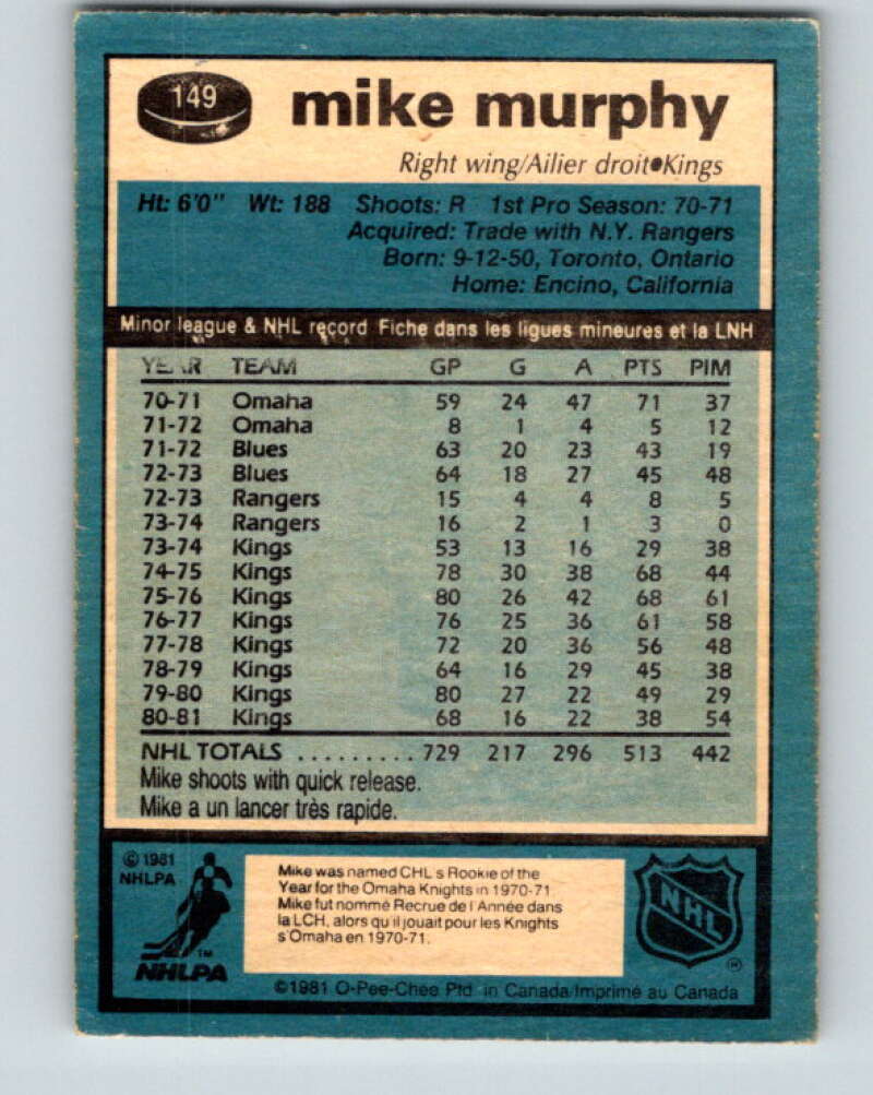 1981-82 O-Pee-Chee #149 Mike Murphy Los Angeles Kings V30509