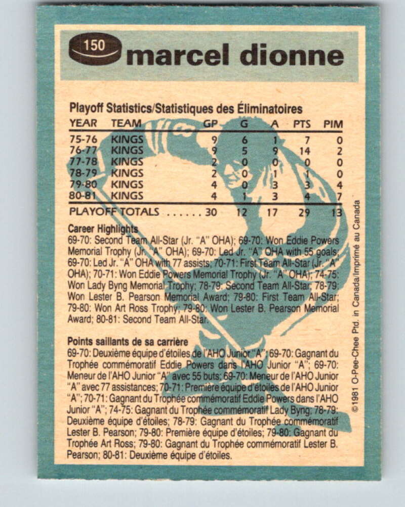 1981-82 O-Pee-Chee #150 Marcel Dionne Los Angeles Kings V30514