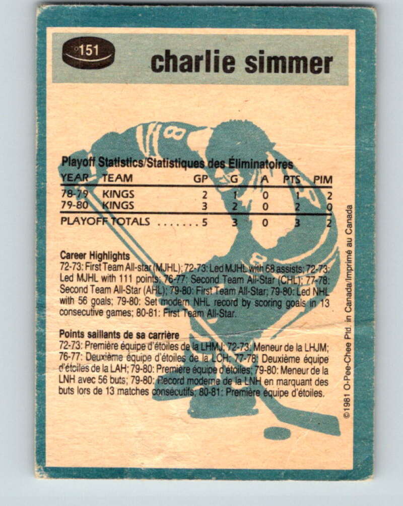 1981-82 O-Pee-Chee #151 Charlie Simmer Los Angeles Kings V30517