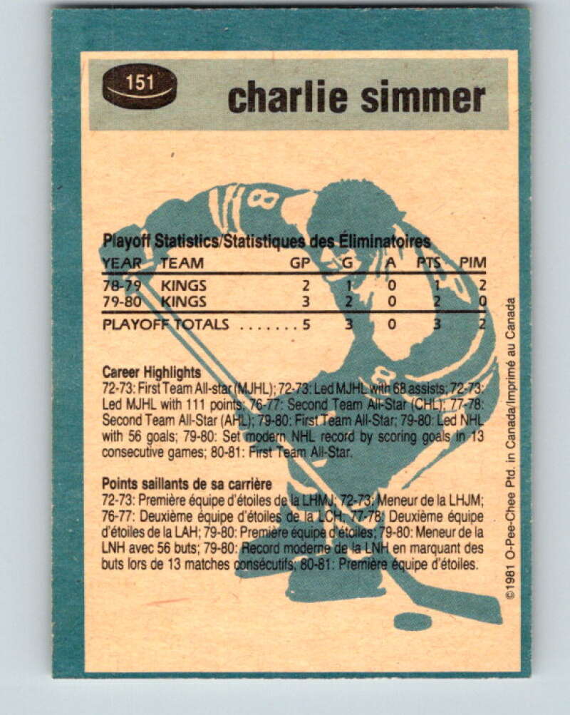 1981-82 O-Pee-Chee #151 Charlie Simmer Los Angeles Kings V30518