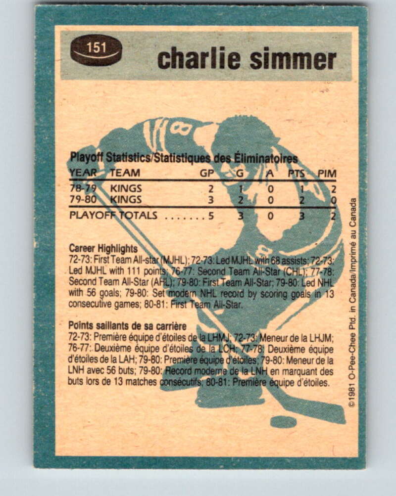 1981-82 O-Pee-Chee #151 Charlie Simmer Los Angeles Kings V30519