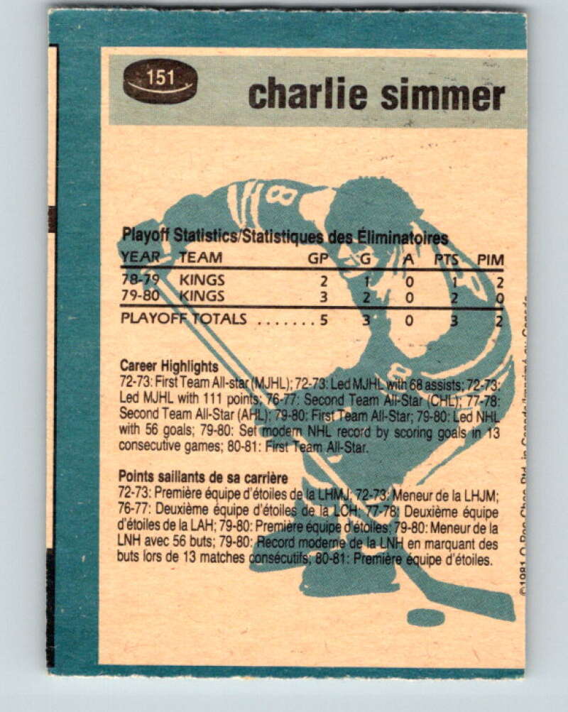 1981-82 O-Pee-Chee #151 Charlie Simmer Los Angeles Kings V30520