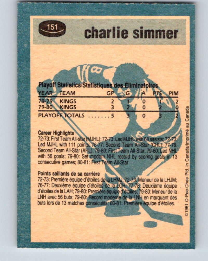 1981-82 O-Pee-Chee #151 Charlie Simmer Los Angeles Kings V30521