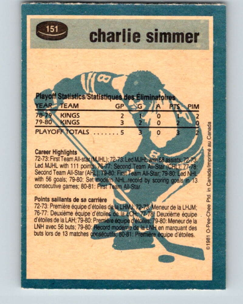 1981-82 O-Pee-Chee #151 Charlie Simmer Los Angeles Kings V30522