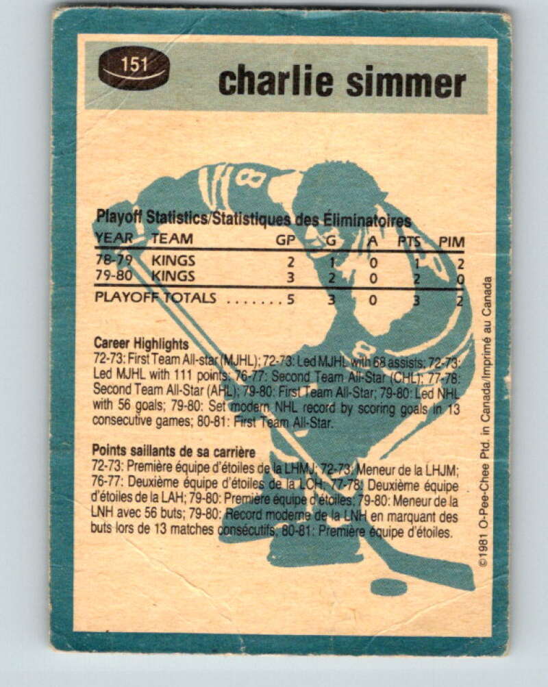 1981-82 O-Pee-Chee #151 Charlie Simmer Los Angeles Kings V30523