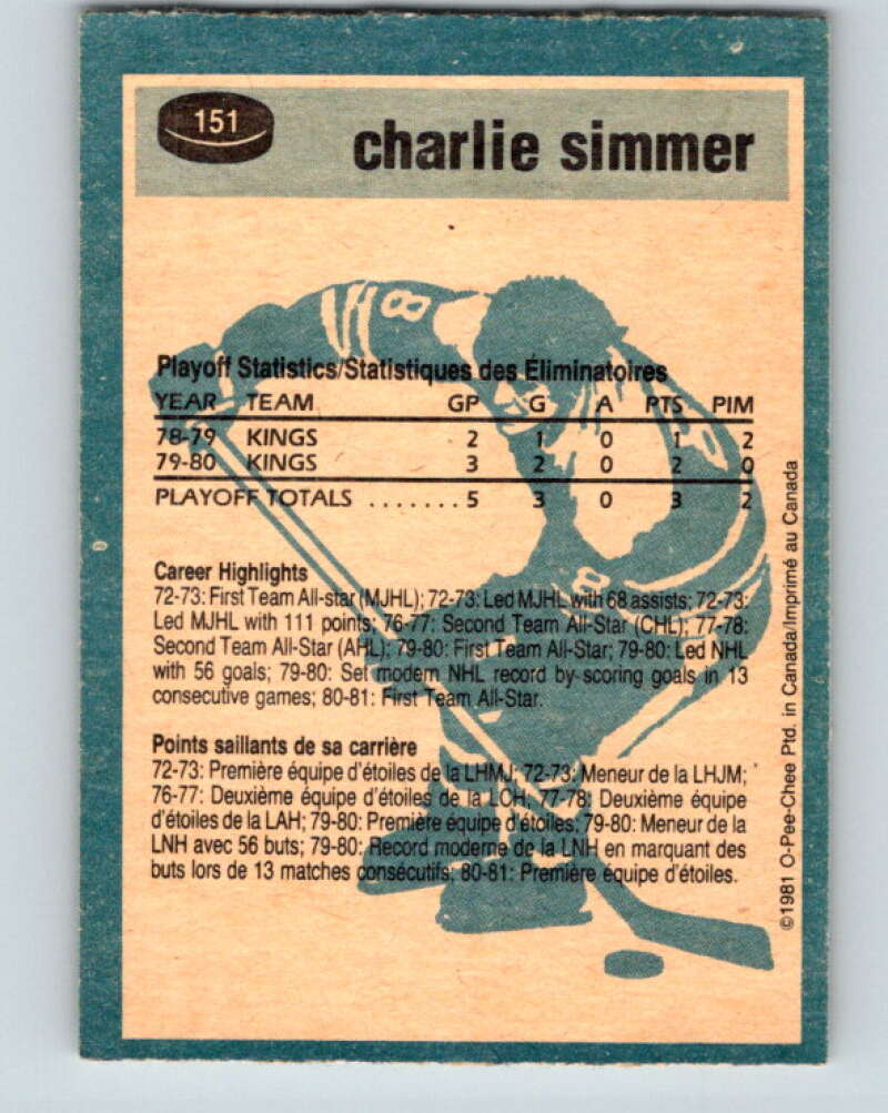 1981-82 O-Pee-Chee #151 Charlie Simmer Los Angeles Kings V30524