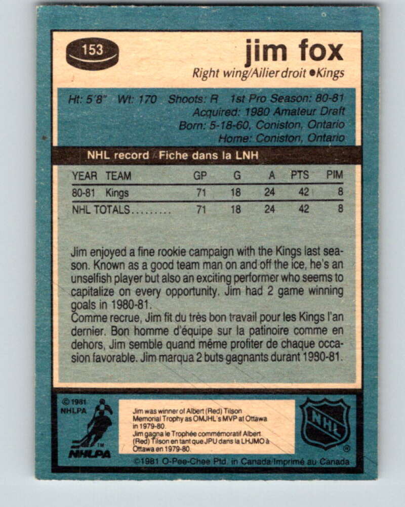 1981-82 O-Pee-Chee #153 Jim Fox RC Rookie Los Angeles Kings V30536