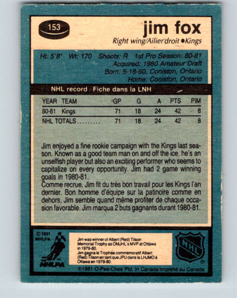 1981-82 O-Pee-Chee #153 Jim Fox RC Rookie Los Angeles Kings V30537