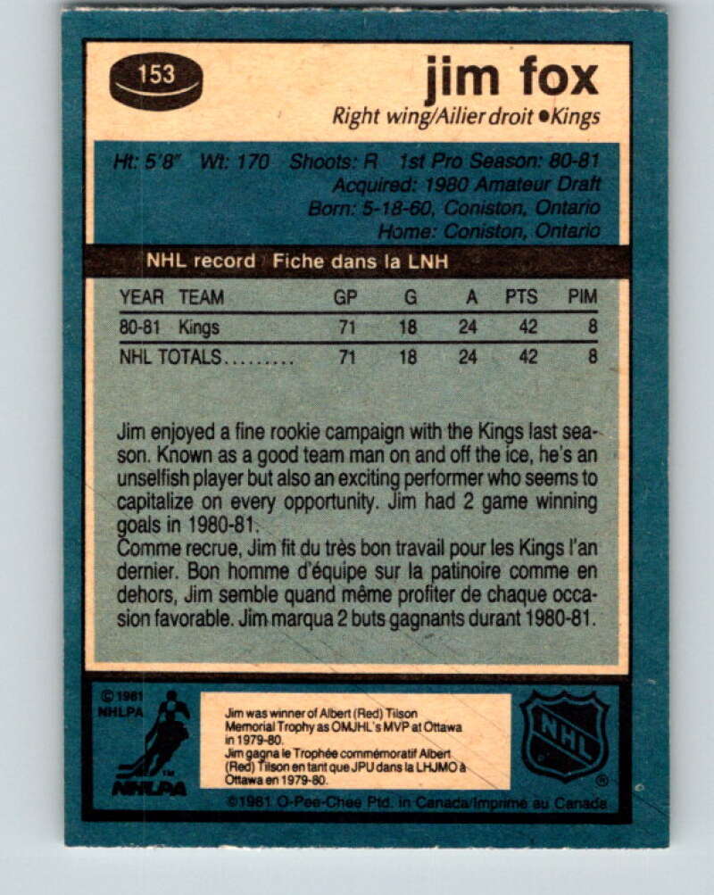 1981-82 O-Pee-Chee #153 Jim Fox RC Rookie Los Angeles Kings V30538