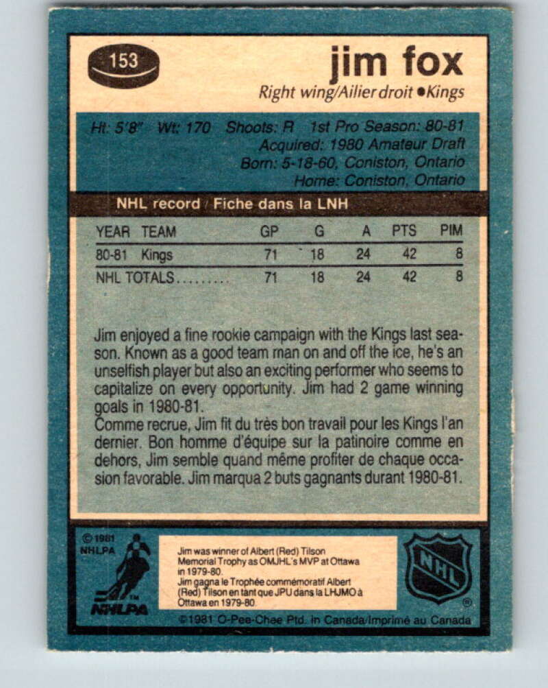 1981-82 O-Pee-Chee #153 Jim Fox RC Rookie Los Angeles Kings V30539