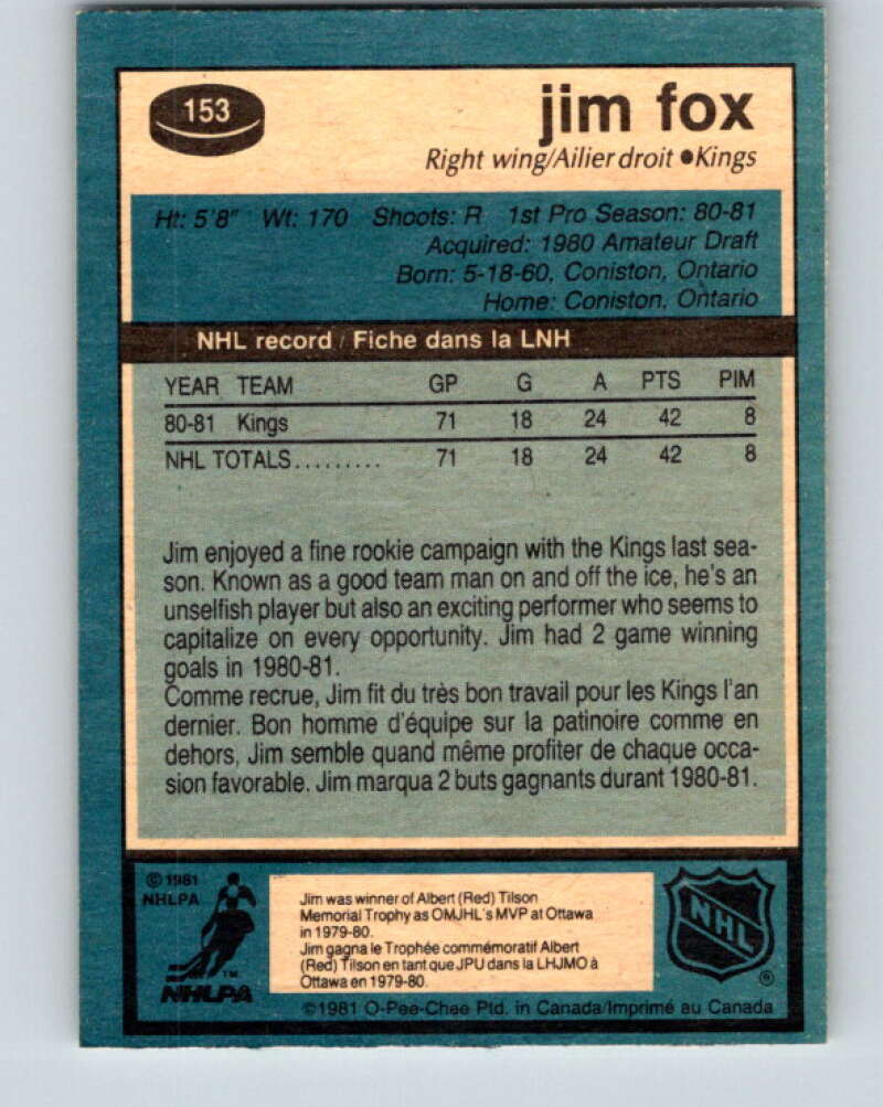 1981-82 O-Pee-Chee #153 Jim Fox RC Rookie Los Angeles Kings V30540