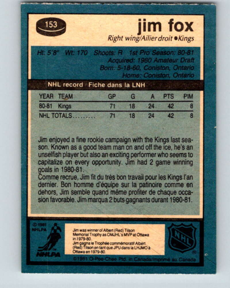 1981-82 O-Pee-Chee #153 Jim Fox RC Rookie Los Angeles Kings V30541