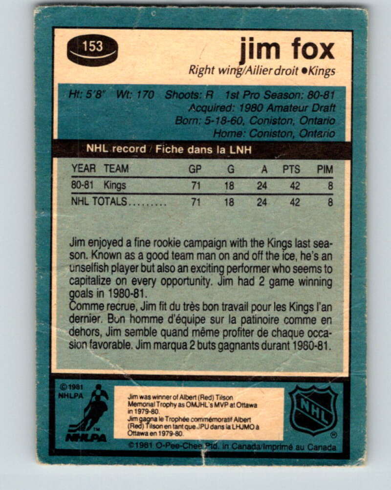 1981-82 O-Pee-Chee #153 Jim Fox RC Rookie Los Angeles Kings V30542