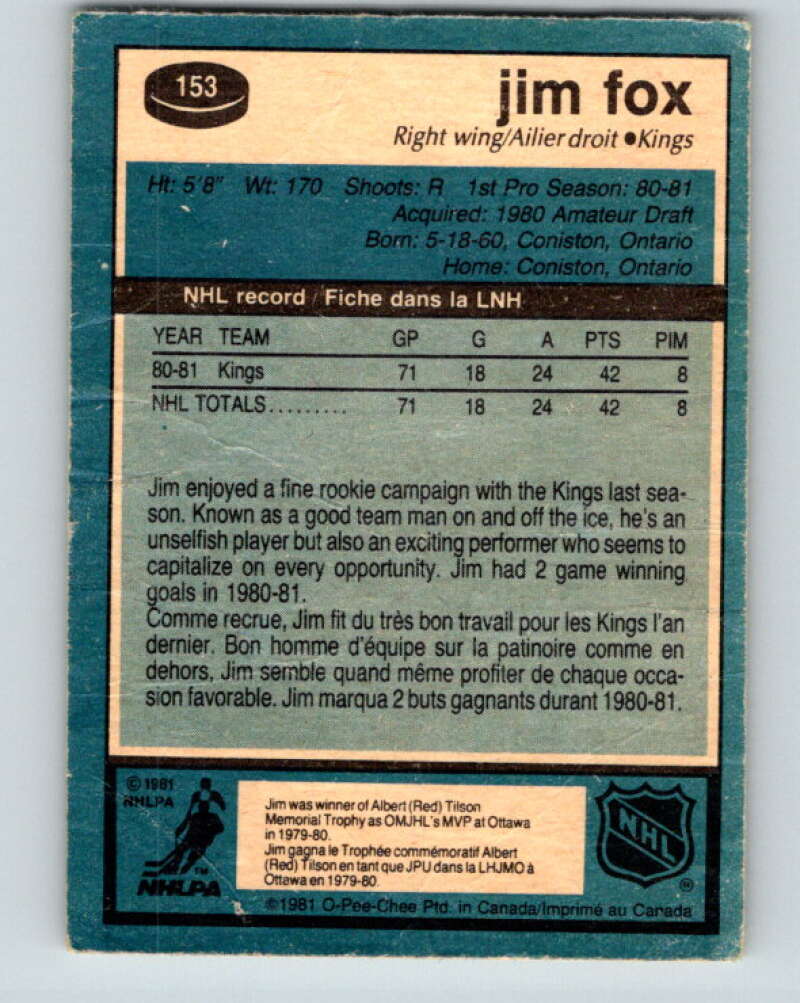 1981-82 O-Pee-Chee #153 Jim Fox RC Rookie Los Angeles Kings V30543