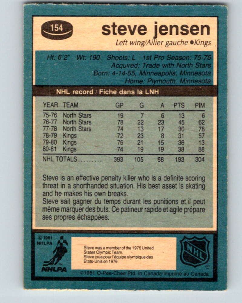 1981-82 O-Pee-Chee #154 Steve Jensen Los Angeles Kings V30544