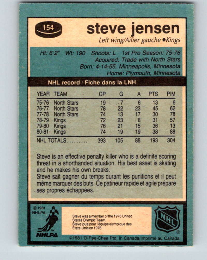 1981-82 O-Pee-Chee #154 Steve Jensen Los Angeles Kings V30546