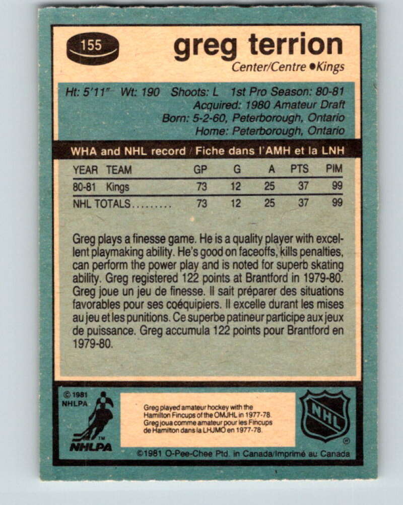 1981-82 O-Pee-Chee #155 Greg Terrion RC Rookie Los Angeles Kings V30549