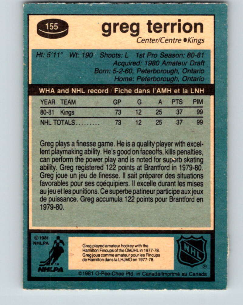 1981-82 O-Pee-Chee #155 Greg Terrion RC Rookie Los Angeles Kings V30550
