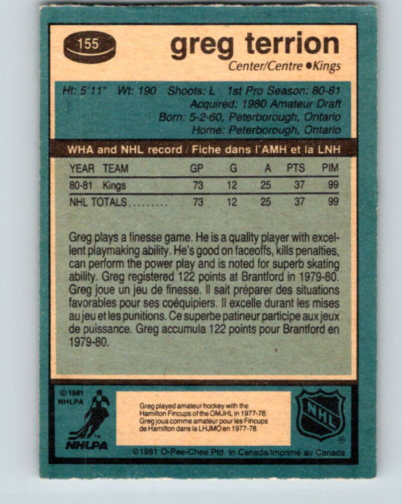 1981-82 O-Pee-Chee #155 Greg Terrion RC Rookie Los Angeles Kings V30551