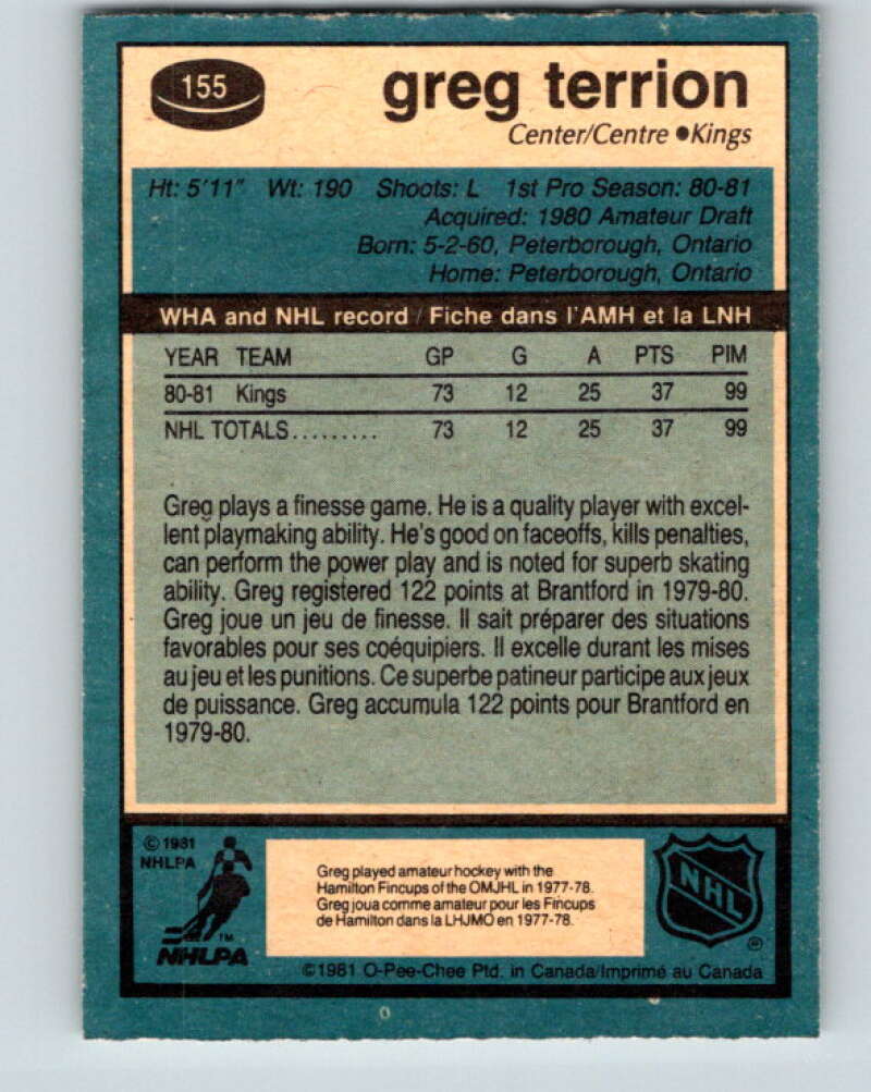 1981-82 O-Pee-Chee #155 Greg Terrion RC Rookie Los Angeles Kings V30554