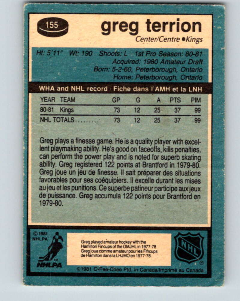 1981-82 O-Pee-Chee #155 Greg Terrion RC Rookie Los Angeles Kings V30555