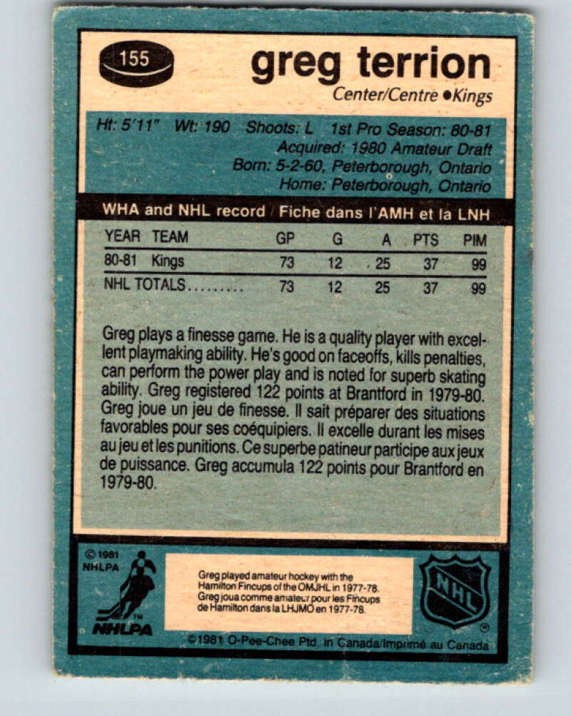 1981-82 O-Pee-Chee #155 Greg Terrion RC Rookie Los Angeles Kings V30556