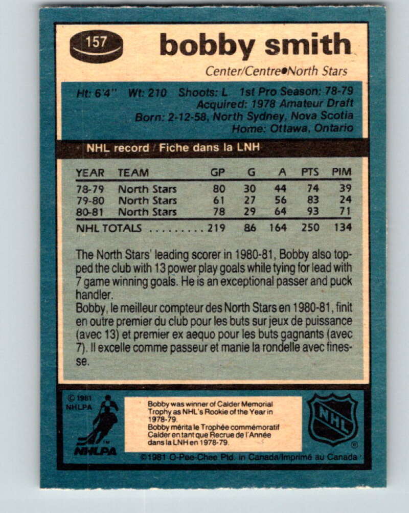 1981-82 O-Pee-Chee #157 Bobby Smith Minnesota North Stars V30568