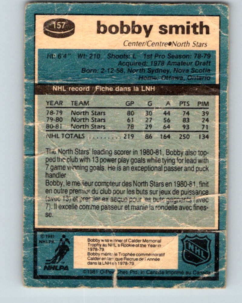 1981-82 O-Pee-Chee #157 Bobby Smith Minnesota North Stars V30569