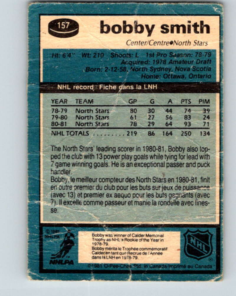 1981-82 O-Pee-Chee #157 Bobby Smith Minnesota North Stars V30570