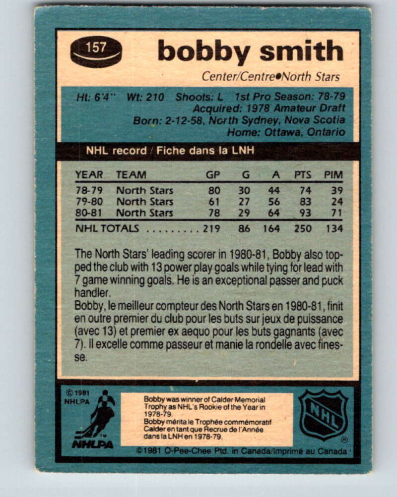 1981-82 O-Pee-Chee #157 Bobby Smith Minnesota North Stars V30571
