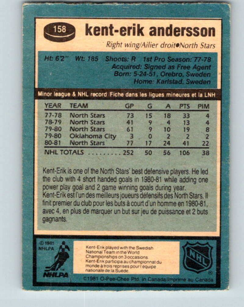 1981-82 O-Pee-Chee #158 Kent-Erik Andersson Minnesota North Stars V30578