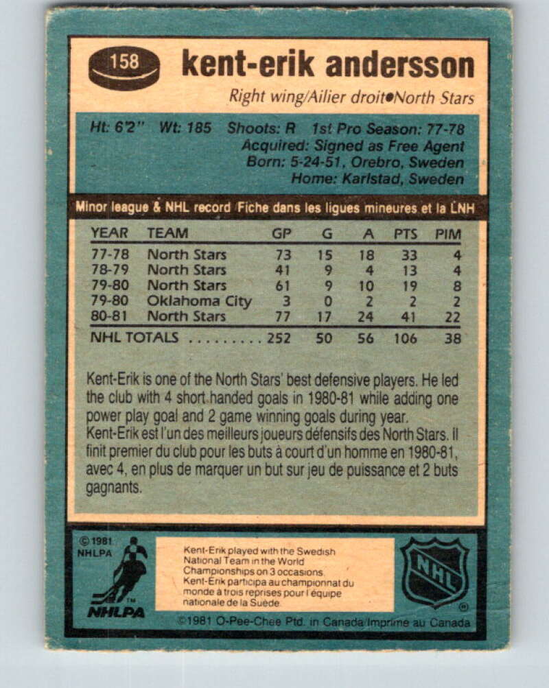 1981-82 O-Pee-Chee #158 Kent-Erik Andersson Minnesota North Stars V30579
