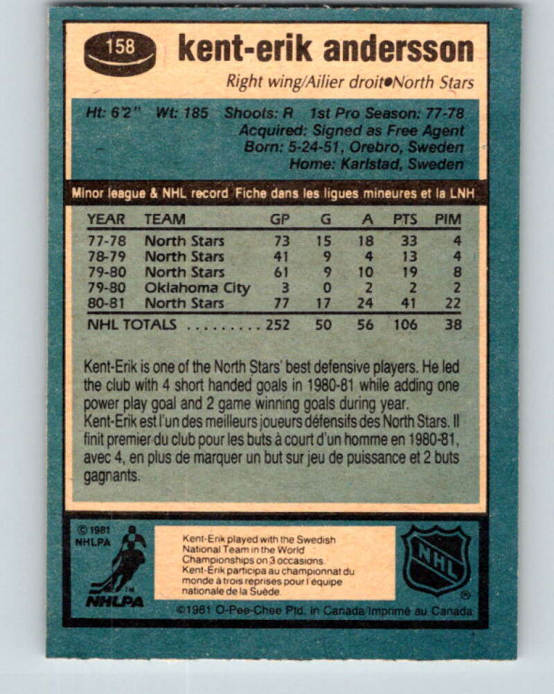 1981-82 O-Pee-Chee #158 Kent-Erik Andersson Minnesota North Stars V30580