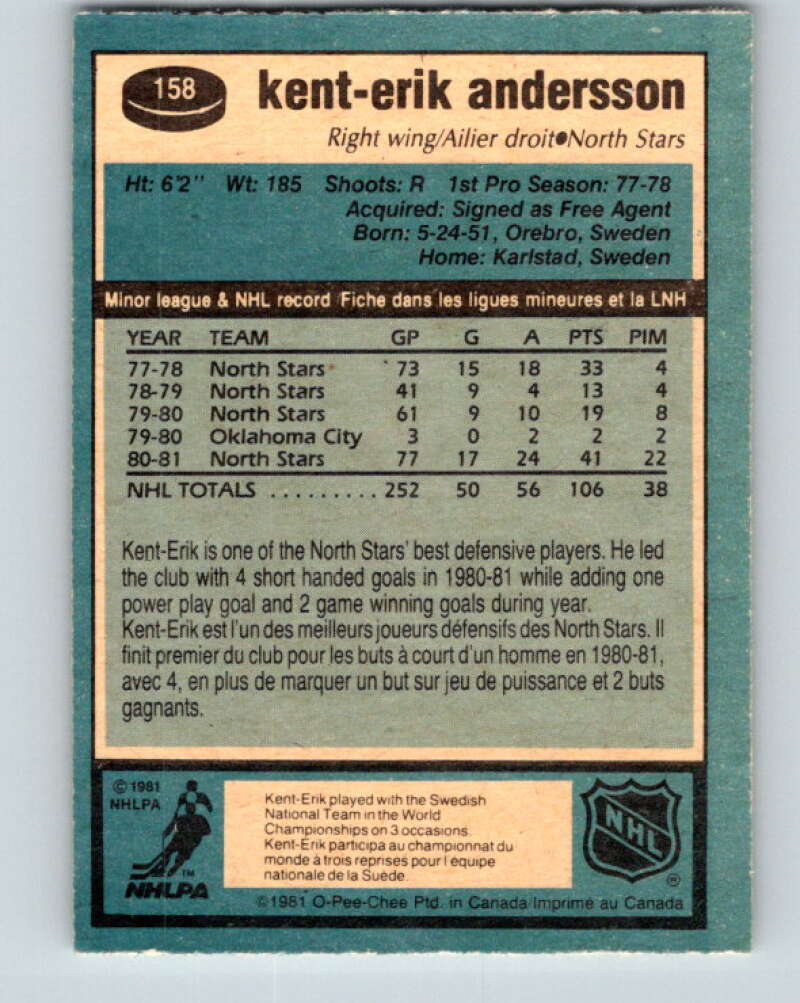 1981-82 O-Pee-Chee #158 Kent-Erik Andersson Minnesota North Stars V30581