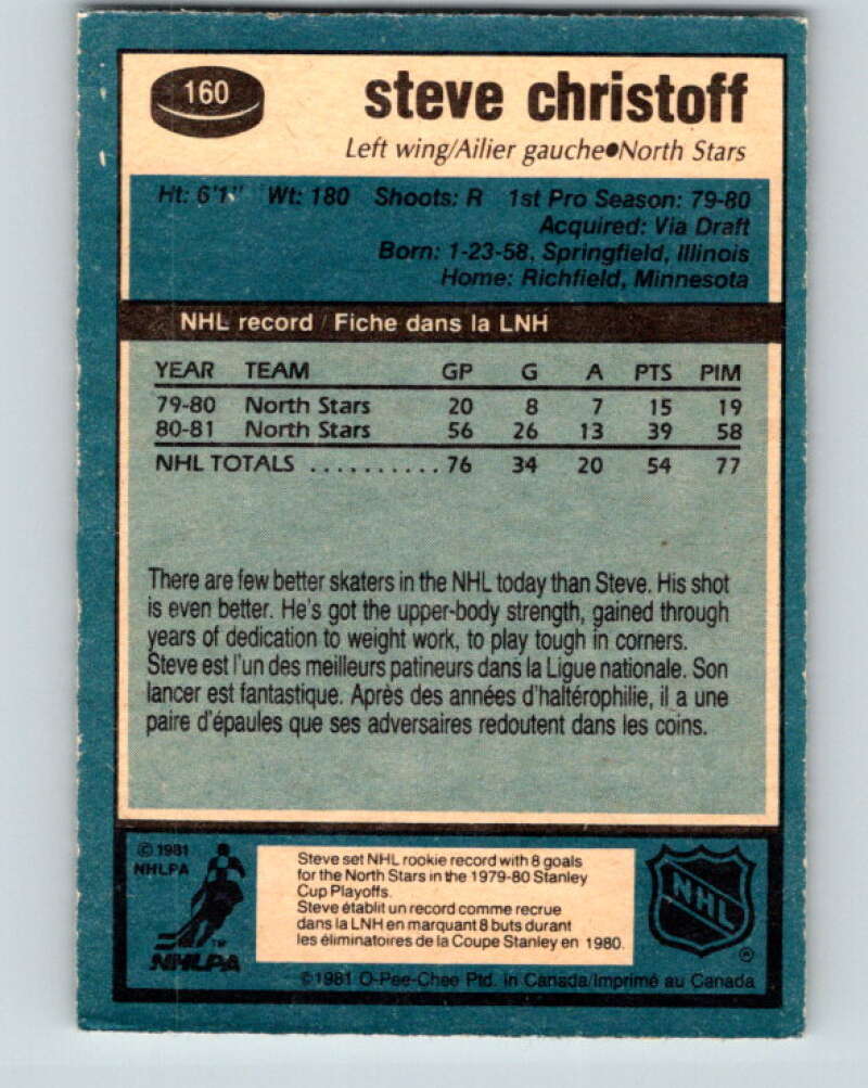 1981-82 O-Pee-Chee #160 Steve Christoff Minnesota North Stars V30590