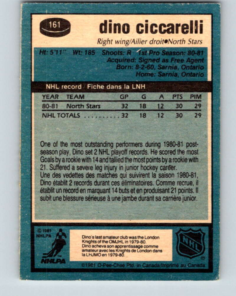 1981-82 O-Pee-Chee #161 Dino Ciccarelli RC Rookie North Stars V30591