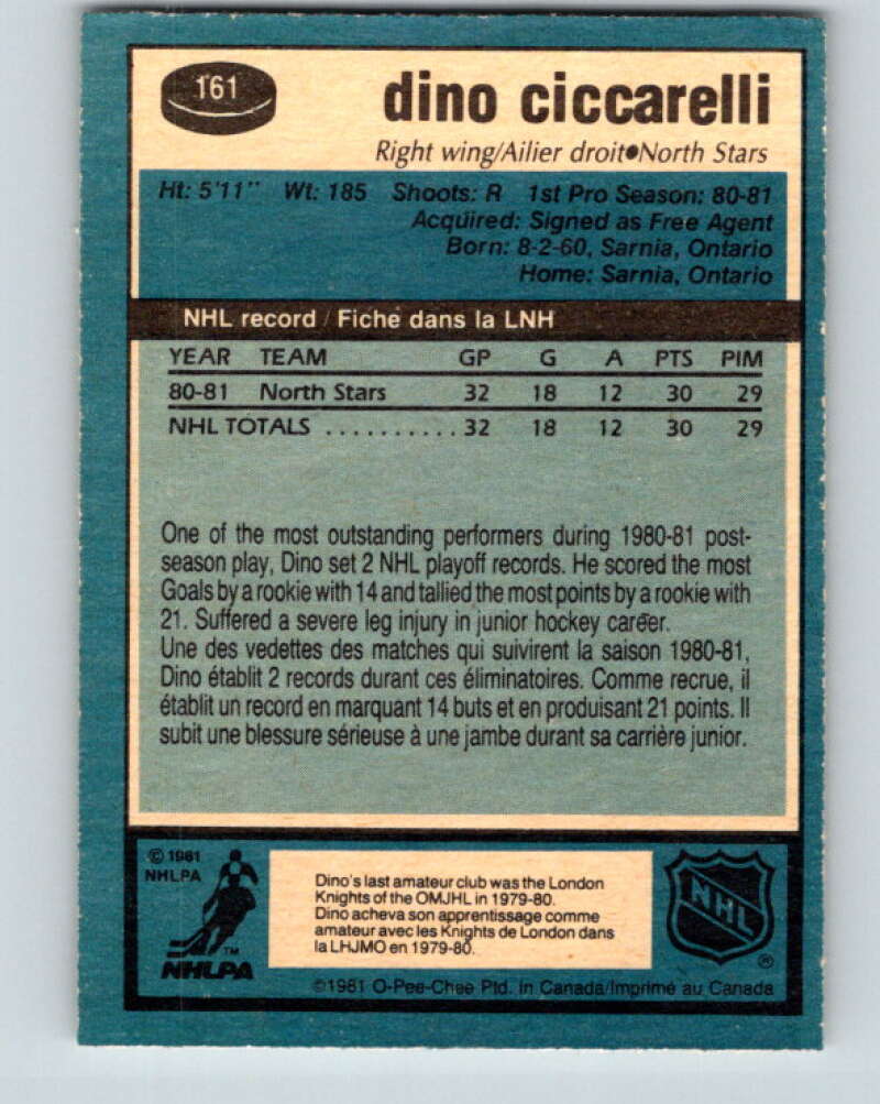1981-82 O-Pee-Chee #161 Dino Ciccarelli RC Rookie North Stars V30595