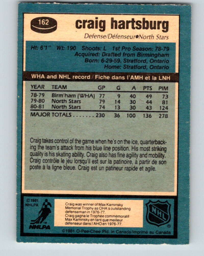 1981-82 O-Pee-Chee #162 Craig Hartsburg Minnesota North Stars V30597