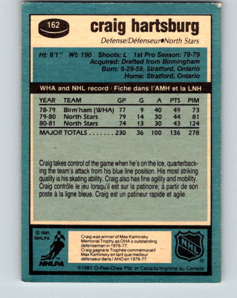 1981-82 O-Pee-Chee #162 Craig Hartsburg Minnesota North Stars V30598