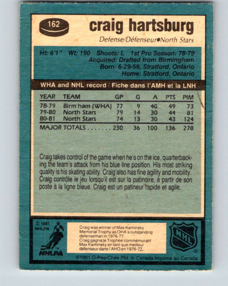 1981-82 O-Pee-Chee #162 Craig Hartsburg Minnesota North Stars V30599