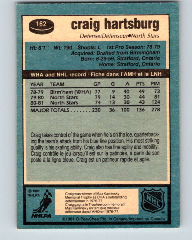 1981-82 O-Pee-Chee #162 Craig Hartsburg Minnesota North Stars V30600