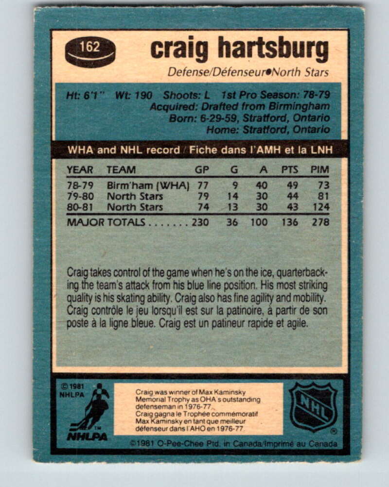 1981-82 O-Pee-Chee #162 Craig Hartsburg Minnesota North Stars V30601