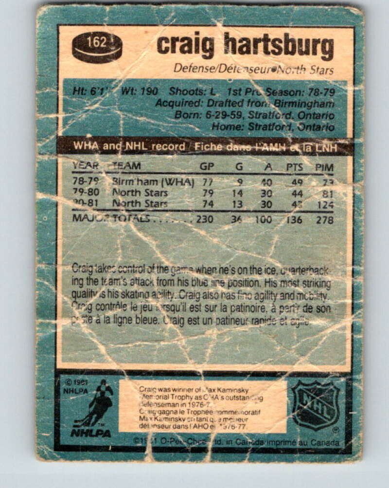 1981-82 O-Pee-Chee #162 Craig Hartsburg Minnesota North Stars V30603