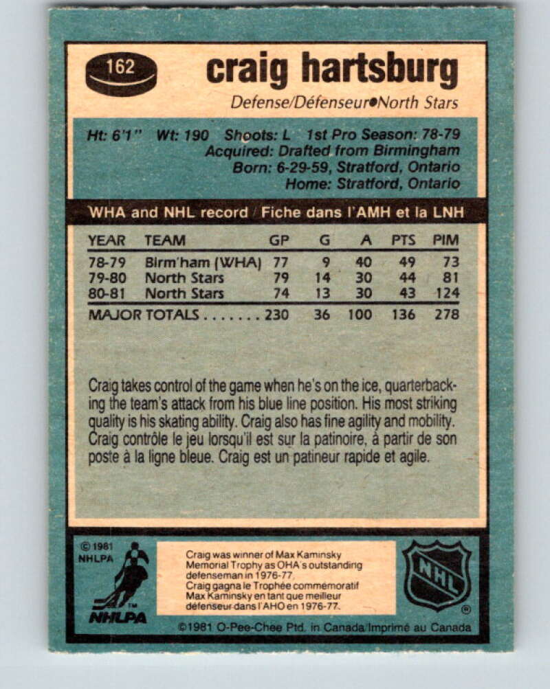 1981-82 O-Pee-Chee #162 Craig Hartsburg Minnesota North Stars V30604