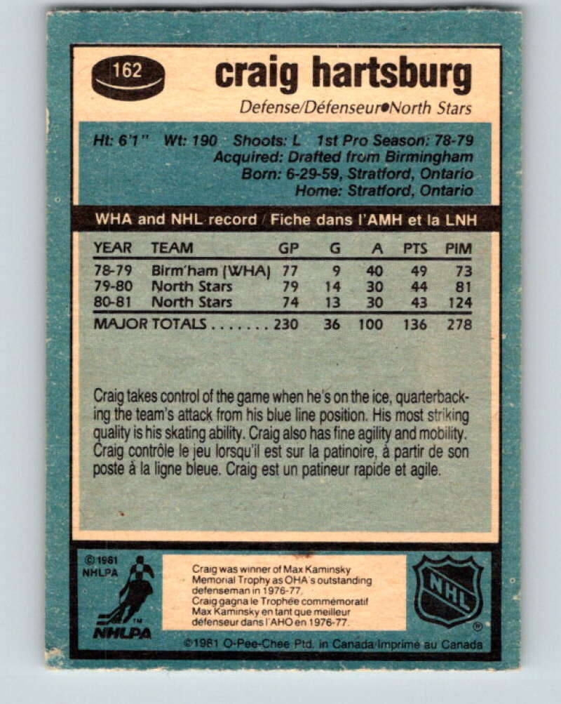 1981-82 O-Pee-Chee #162 Craig Hartsburg Minnesota North Stars V30605