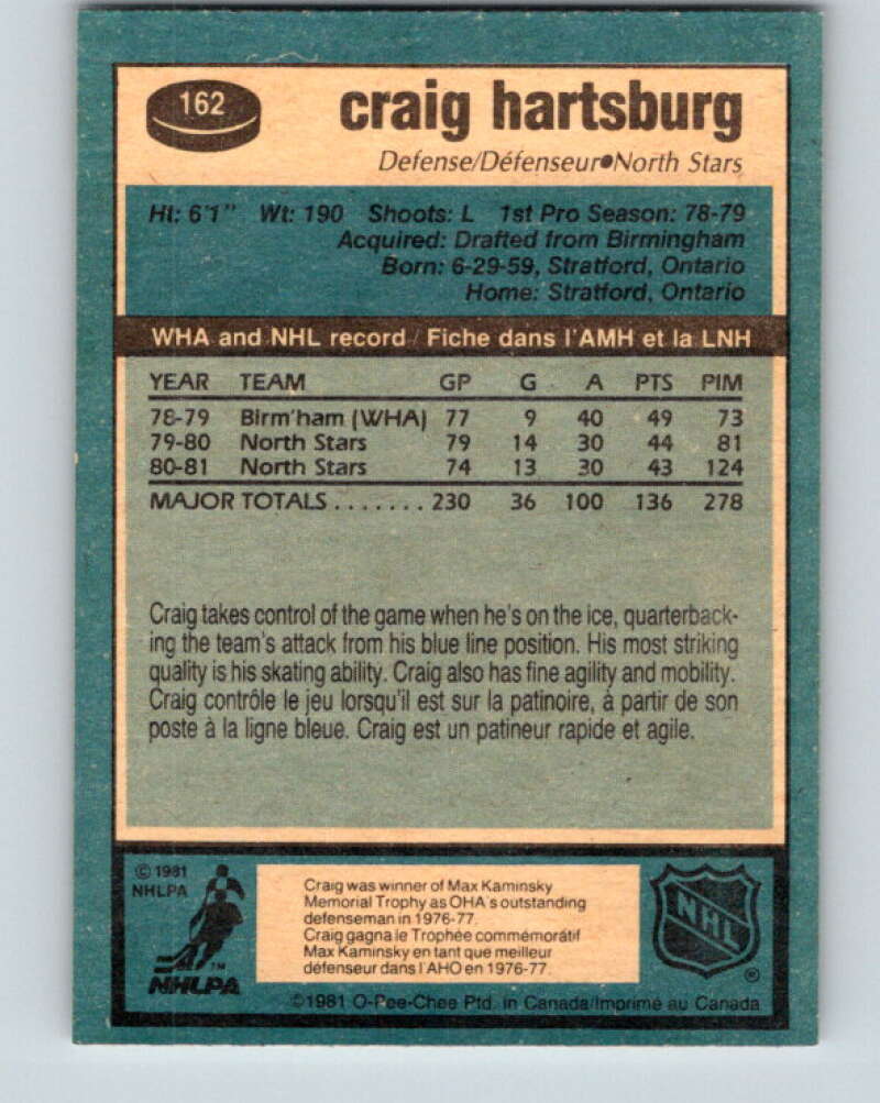 1981-82 O-Pee-Chee #162 Craig Hartsburg Minnesota North Stars V30606